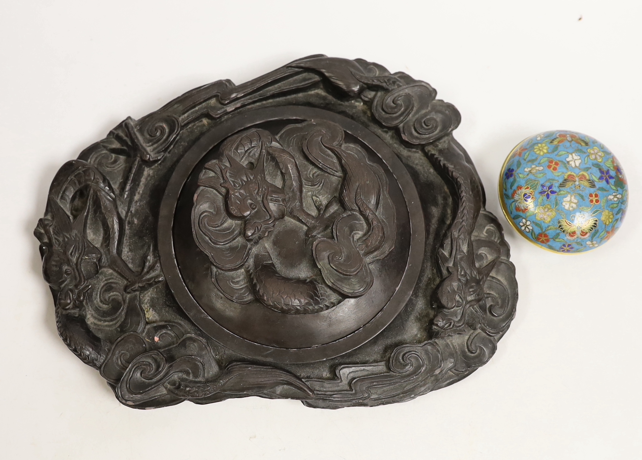 A 19th century Chinese cloisonné enamel incense box and a 'dragon' inkstone, 25cm